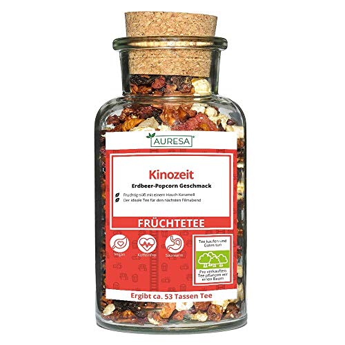 AURESA Früchtetee Kinozeit | 100g loser Tee im Glas | Süßer Geschmack mit Erdbeeren getrocknet und karamell Popcorn…