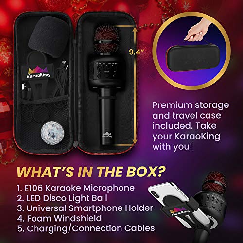 Wireless Bluetooth Karaoke Microphone - Portable KTV Karaoke Machine with Speaker + FREE USB Disco Ball Light & Phone Holder Perfect for Pop, Rock n' Roll Parties, Solo Parties & More (E106 DarkBlack)