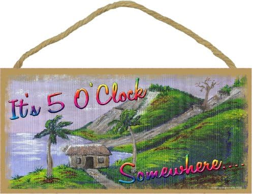 It's 5 O'clock Somewhere Tropical Cabin Wall Decor Sign Pool Tiki Bar 5"x10"