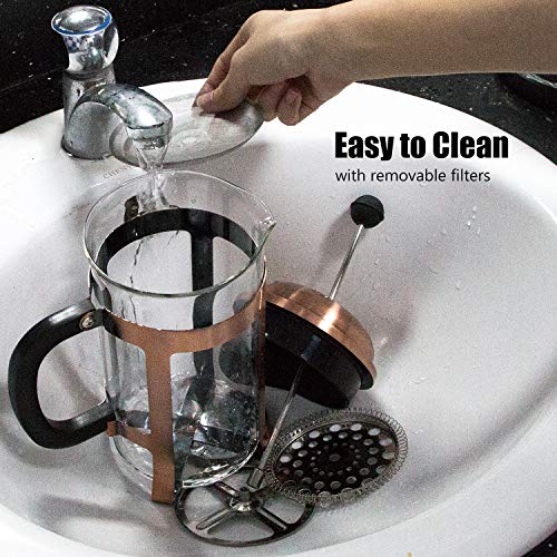 Glass French Press Coffee Maker (34 oz, about 8 cups), 1000 ml Stainless Steel Coffee Press with 3 Extra Filter Screens, Borosilicate Glass with Heat Resistant Handle