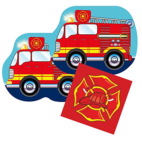 Blue Orchards Fire Truck Shaped Plate & Napkin Sets (35+ Pieces for 16 Guests!), Firefighter Birthday Supplies, Fire Truck Tableware Sets, Fireman Party Decorations