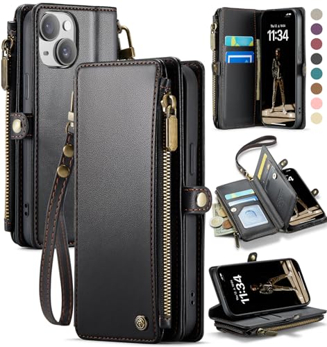 Photo 1 of Defencase Compatible with iPhone 14 Case Wallet with RFID Blocking Card Holder for Women and Men, Fashion PU Leather Magnetic Snap Flip Zipper Strap Wallet Phone Case Fit for iPhone 14 6.1", Black
