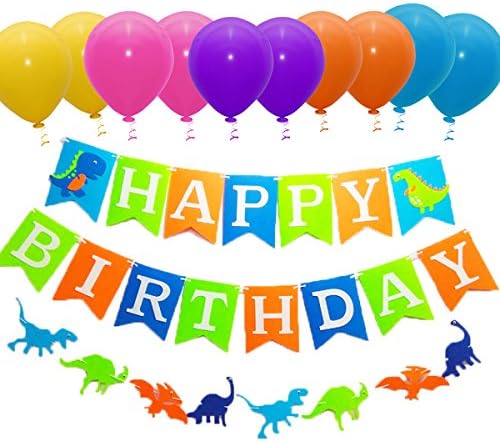 Birthday Party Decoration Supplies Dinosaur set, Happy Birthday Banner,10 packs Colorful Balloon, Hanging Paper Fan Set and 6 pcs Balloons,for All kids Birthday Party Decorations (Dinosaur set)
