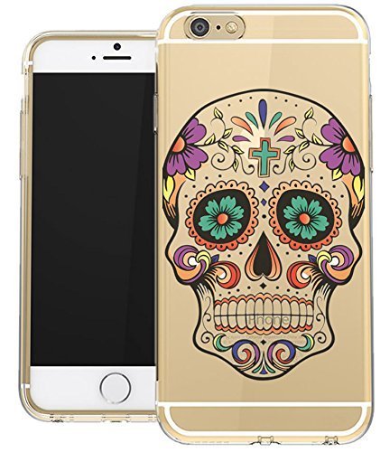 IPhone 6 PLUS Clear Case Sugar Skull Day Of The Dead Dia de los Muertos Teen Girls UNIQUE Designer CLEAR Transparent Gloss Candy TPU Flexible Slim Case Cover Skin for Apple iPhone 6 Plus 5.5