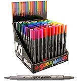 Super Markers 100 Unique Colors Fineliner Twin Tip Marker Set-.7mm Fineliner Tip &amp; 3.0mm Fine Writer Tip Markers with 100 Vibrant and Bold Colors - 100% Satisfaction Guarantee