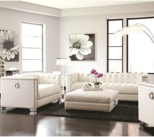 A Line Furniture Classic Mid-Century Button Tufted Design Living Room Sofa Collection with Chrome Doorknocker Handles Pearl/sofa, chair 2 Piece