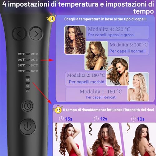 BUJIYI Automatic Curling Iron, Curling Iron, 4 Adjustable Temperature Settings, 3 Heating Time Options, 360° Swivel Anti-Tangle Cable (Black)
