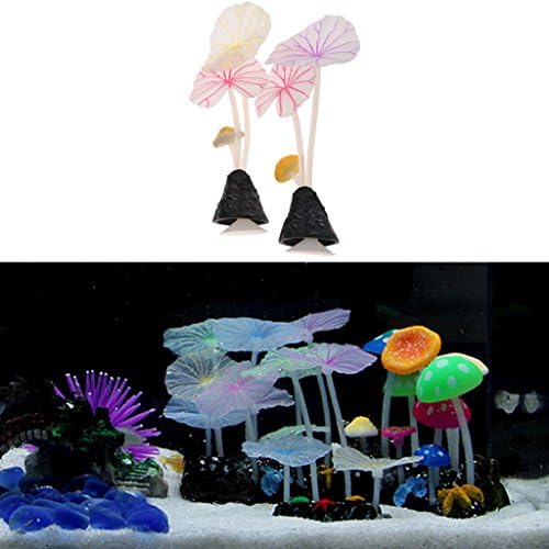 Jieteenager Aquarium Ornament Artificial Lotus Leaf Glowing Mushroom