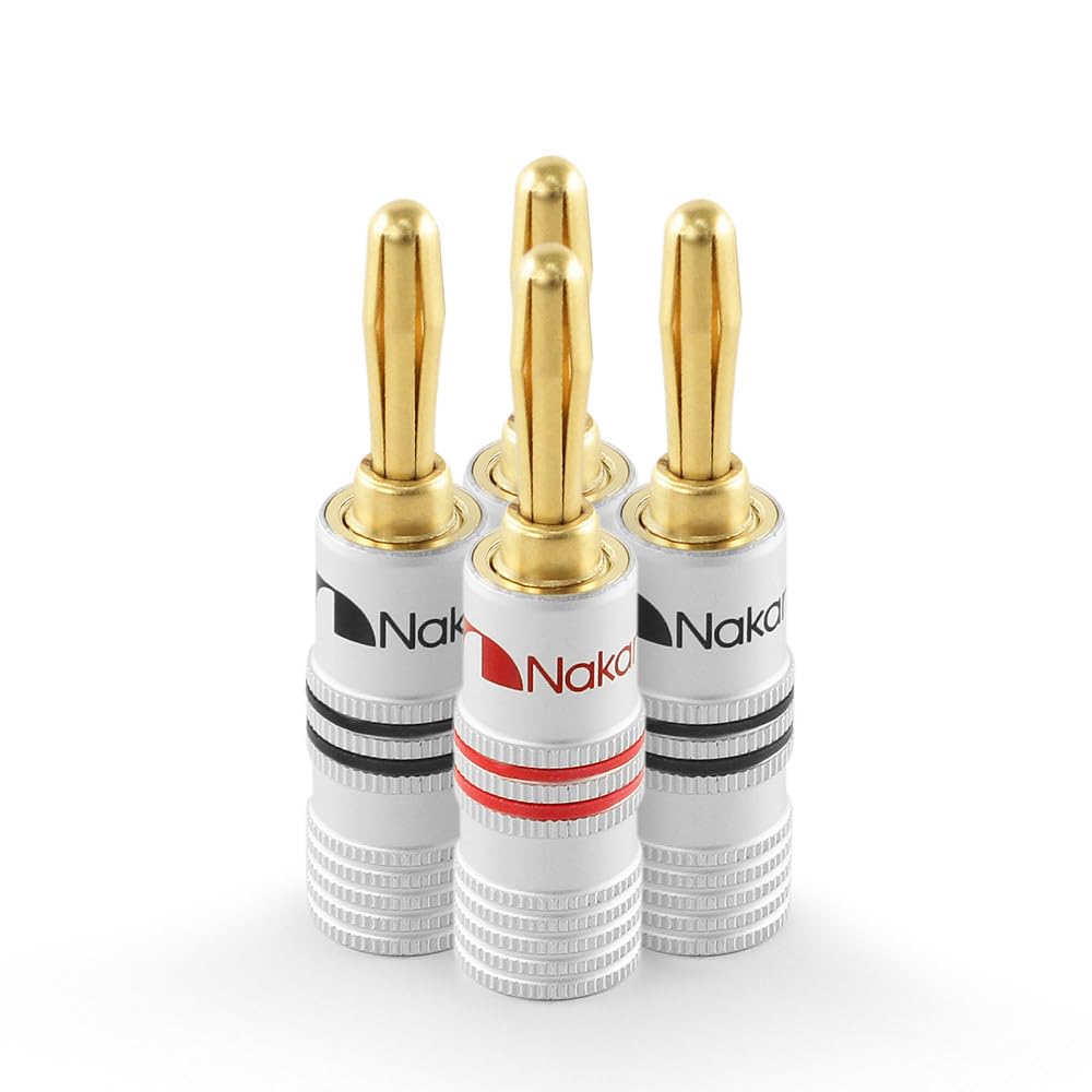 Nakamichi 24K vergoldeter Bananenstecker 12 AWG - 18 AWG Gauge Größe 4mm für Lautsprecher Verstärker Hi-Fi AV Receiver Stereo Heimkino Audiokabel Stecker schraubbar 4 Stück (2-Paare)