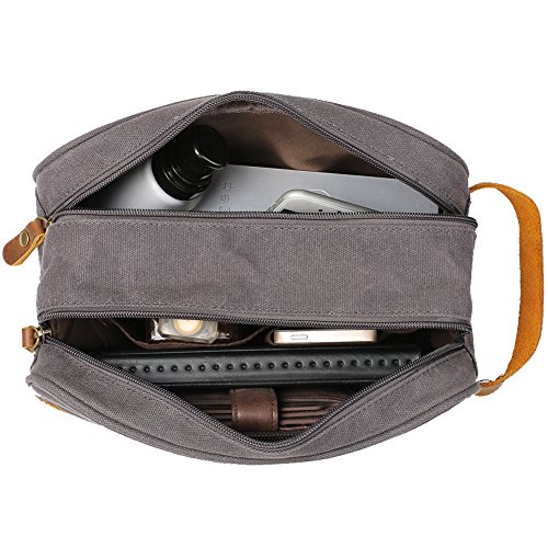 Kemy's Mens Toiletry Bag leather Canvas Toiletries Travel Bag Waxed Grooming Shaving Bags for Men Dopp Dob Dobb Kits Toilet Hygiene Bathroom Bag Double Compartment for Traveling Waterproof Gifts Gray