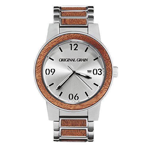 Original Grain Mahogany Wood Men's Watch with Brushed Steel Band