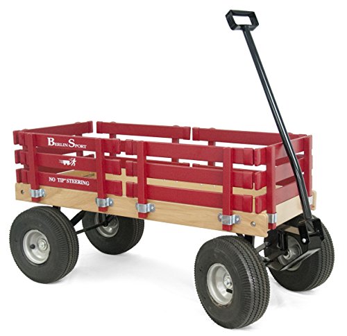 Red Wagon for Kids - Made In the USA - Hardwood & Reinforced Steel Body, Rubber Tires | No-Pinch Handle & No-Tip Steering | Berlin F410 Sport Wood Wagon