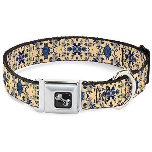 Dog Collar Seatbelt Buckle Floral Collage Tan Blue 16 to 23 Inches 1.5 Inch Wide