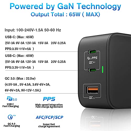 USB C Wall Charger, 65W 3-Ports Charger with 45W USB C Power Adapter, 20W USB-C Port, 22.5 USB-A Port, GaNTech, Foldable Plug, Compatible with MacBook, USB-C Laptops, iPad Pro, iPhone, Galaxy