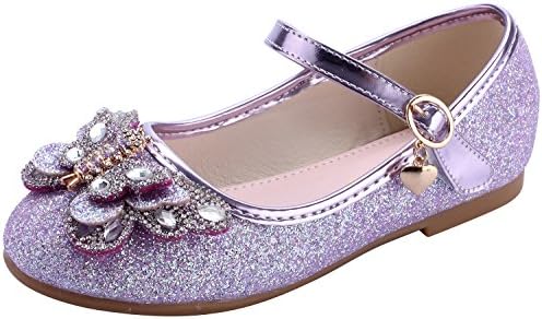 miaoshop Girls Ballerina Flat Wedding Dress Shoes Kids Party Dance Crystal Butterfly Mary Janes (10.5 M US Little Kid, Purple)