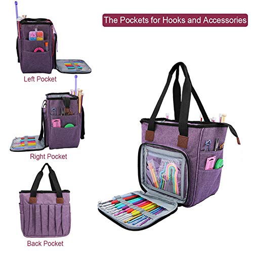 gotor Yarn Storage Tote, Knitting Tote Bag, Crochet Storage Organizer for Carrying Cotton Yarns, Knitting Needles, Crochet Hooks and Other Accessories, Purple