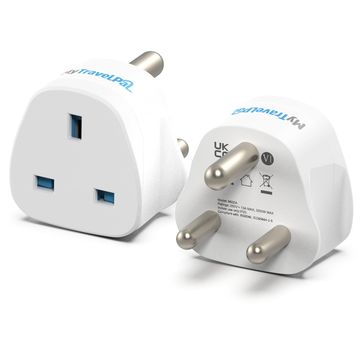 MyTravelPal UK To South Africa Plug Adapter (2 Pack) | UK Safety Standards | 2 x South Africa Travel Adaptors | For Use in SA, Namibia, Swaziland, Bhutan, Botswana & More | Type M Travel Adapter — image 1