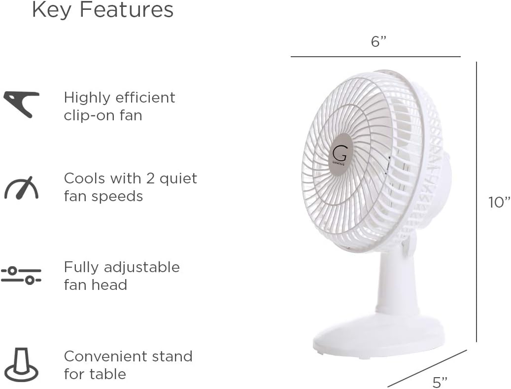 Genesis 6-Inch Clip Convertible Table-Top & Clip Fan Two Quiet Speeds - Ideal For The Home, Office, Dorm, More White: Home & Kitchen