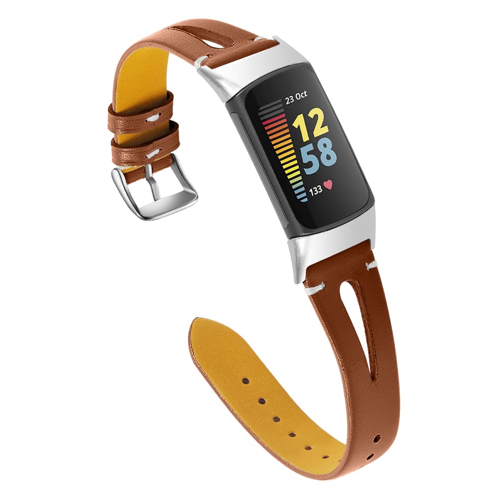Gimuk Leather Strap Compatible with Fitbit Charge 5, Adjustable Replacement Strap Band Sport Fitness Wristband for Charge 5 Women Men (Brown)