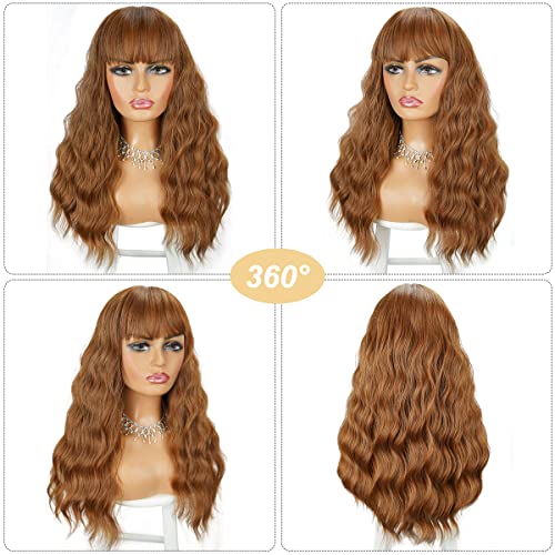 Brown Wigs, Long Brown Wig with Bangs, Long Curly Wavy Hair Wigs for Women, Heat Resistant Fiber Synthetic Daily Party Cosplay Wigs for Girl