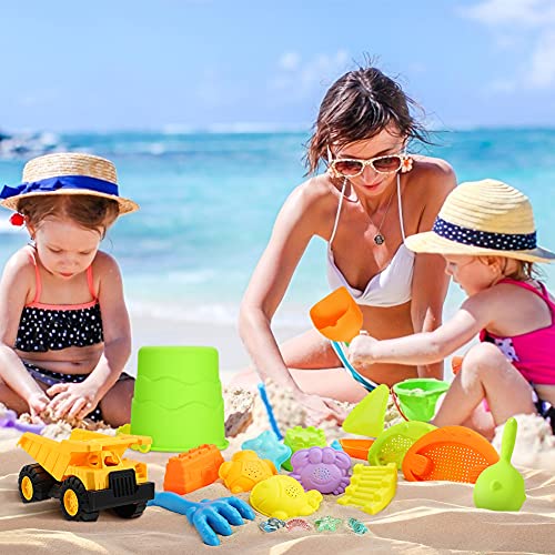 3 otters Beach Toy Set, 28 PCS Sand Toys for Toddlers Beach Truck Kids Beach Toys Bucket with Sifter, Shovel, Rake, Castle Sand Molds