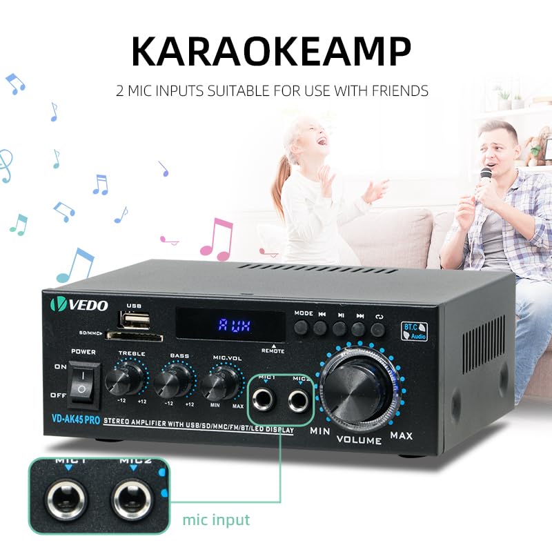 Amplificador de áudio estéreo profissional AK45 Pro, sistema de amplificação de potência sem fios Bluetooth 5.0 de dois canais de 300 W, adequado para uso doméstico, rádio FM, USB e controlo remoto