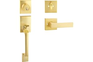EHOMEWARE 1 Set Entry Door Handle and Single Cylinder Deadbolt Lock and Key Combo Pack - Heavy Duty Square Locking Lever Set - Interior/Exterior Door Levers in Satin Brass Finish