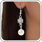 Andelaisi Boho Crystal Pearl Dangle Earrings Silver Rhinestone Pearl Drop Earrings Vintage Crystal Hook Earrings Sparkly Cz Pearl Earrings Jewelry for Women