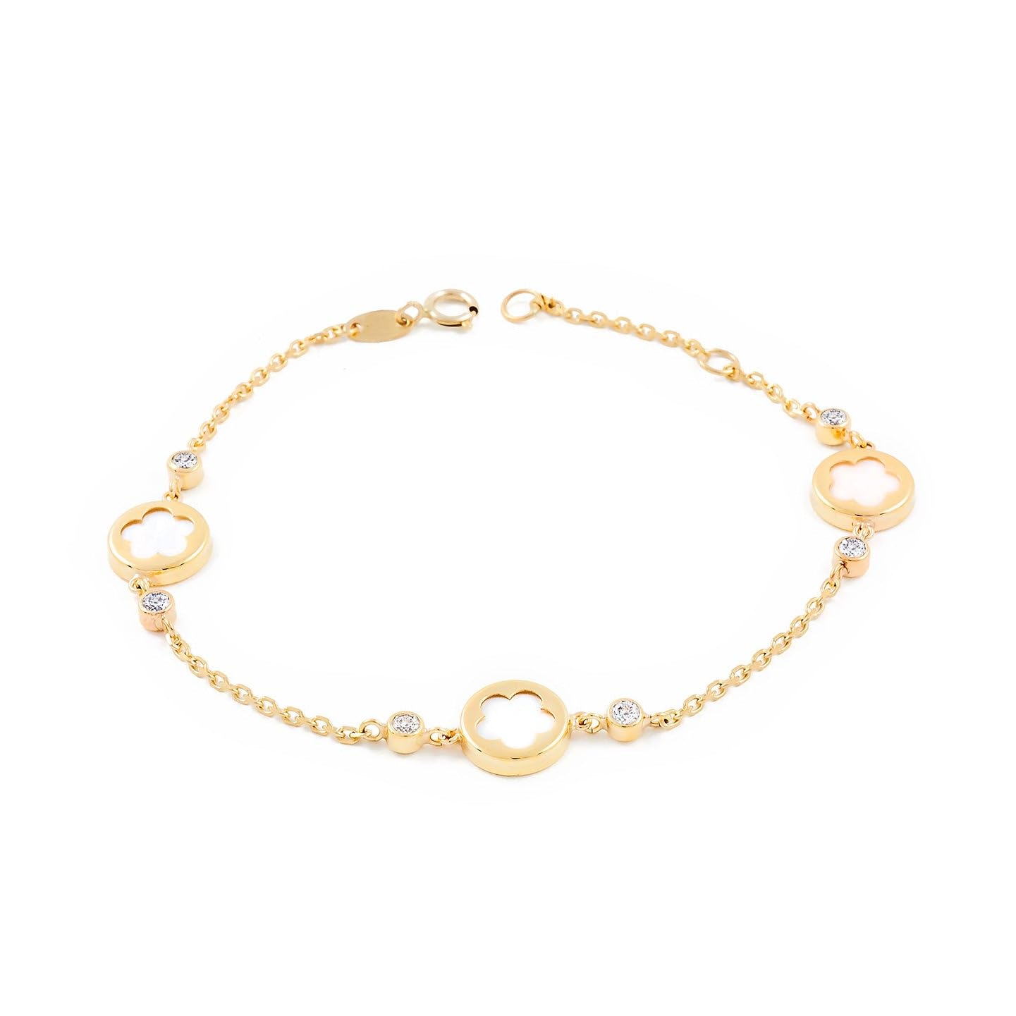 Monde Petit - 9ct Yellow Gold Nacre Flower Circonite Girls Bracelet 17 cm