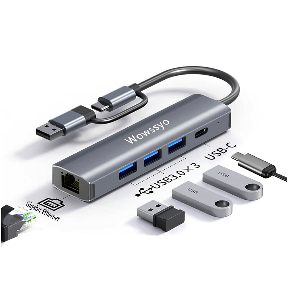 Wowssyo USB C Hub 5-in-1, USB C Adapter Docking Station, Multiport USB Hub, Gigabit RJ45 Ethernet, USB 3.0, for MacBook M1 Air Pro, for iPad, Switch, Chromecast, Surface and other USB-C/USB devices