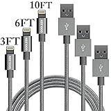 iphone Charger, GOOLEEN 3Pack Lightning Cable 3ft 6ft 10ft Nylon Braided Extra Long USB Charging Cord for iPhone SE/6/6s/6 plus/6s plus/5c/5s/5, iPad Air/Mini,iPod Compatible with iOS9 (Grey)