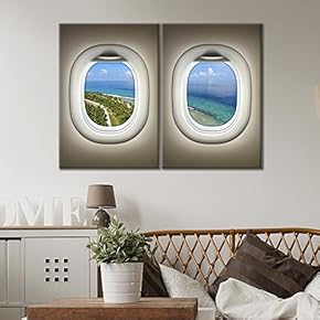 2 Panel Canvas Wall Art - Brown Plane Window Seat Over Remote Island - Giclee Print Gallery Wrap Modern Home Art Ready to Hang - 16"x24" x 2 Panels