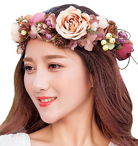 Vivivalue Flower Wreath Headband Crown Floral Garland with Ribbon Boho for Festival Wedding