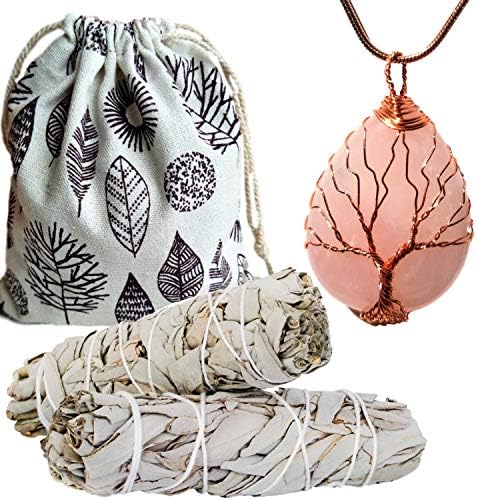 Sage Smudge Sticks Smudging Kit Rose Quartz Necklace Set, Wire Wrapped Energy Healing Rose Quartz Gemstone Pendant Necklace (Rose Quartz Tree of Life Rose Gold Set)