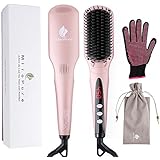 Enhanced Hair Straightener Brush by MiroPure, 2-in-1 Ionic Straightening Brush with Anti-Scald Feature, Auto Temperature Lock and Auto-off Function (Pink)