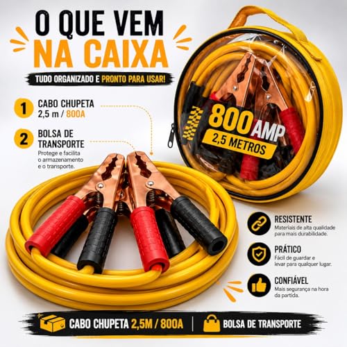 Cabo Chupeta Automotivo 800A — 2,5 Metros, Fio10mm, Garras Aço Cobreado, 12V e 24V com Bolsa, para Carro, Moto e Caminhão