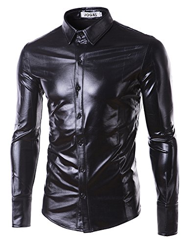 JOGAL Mens Trend Nightclub Styles Metallic Silver Button Down Shirts XXX-Large Black