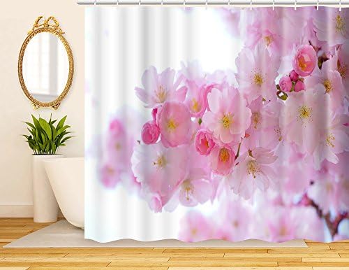 ArtRena Decorative Fabric Shower Curtain, Pink Cherry Blossoms, Waterproof and Mildew Resistant, 71" x 71"