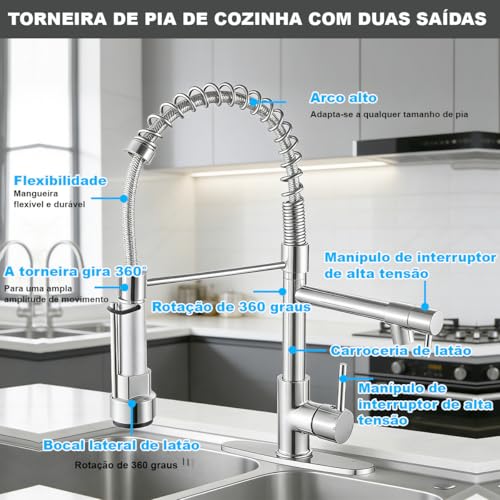 Grifo Mezclador para Fregadero de Cocina, Acero Inoxidable, Monomando con Rociador Retráctil 360°, Estilo Moderno, Negro Mate, 2 Salidas con Mangueras Incluidas