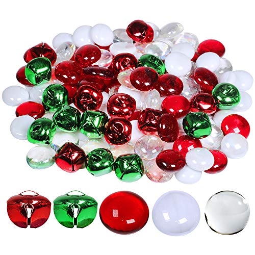 Winlyn Christmas Glass Gems and Jingle Bells Mix Metal Craft Bells Flat Glass Marbles for Holiday Winter Wedding Seasonal Decorations Crafts Aquarium Vase Filler Table Scatter 110 pcs 0.8