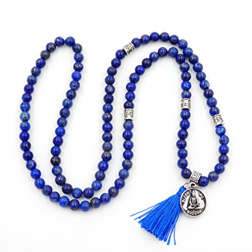 Mala Beads Bracelet, Buddhist Mala Prayer Beads, Buddha Bless Me Statement Necklace (Lapis)