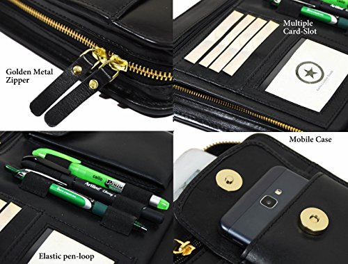 Zippered Genuine Leather Business Portfolio |Easy to Carry Organizer With Writing Pad Holder,Business Card And Pen Slots.IPAD Holder And Flip-Closure Phone Pocket, Black by Aaron Leather(With Handle)