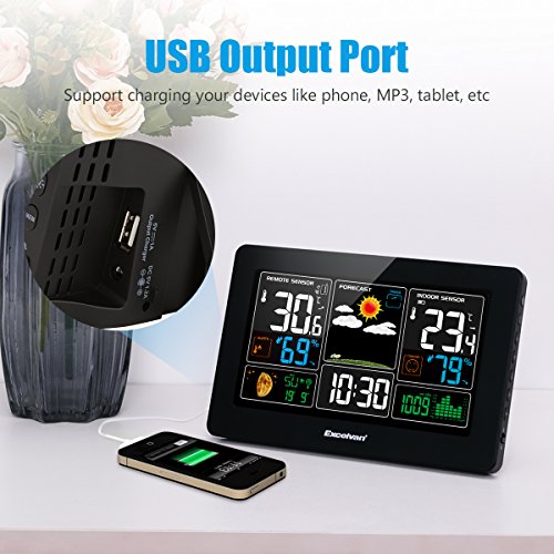 Excelvan Digital Wireless Weather Station with Large LCD Color Display, Barometer for Weather Forecast with Indoor and Outdoor Sensor, Temperature Humidity Monitor, Alarm Clock, Black