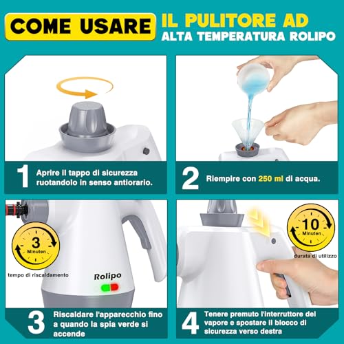 Rolipo Pulitore a Vapore Portatile, Pistola a Vapore Multifunzione Per Uso Domestico, Pressurizzato Con 12 Accessori e Blocco Di Sicurezza, Per La Pulizia Di Cucina, Bagno, Fughe, Finestre, Grasso