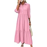 chouyatou Women's Casual Button Up Polo Collar Shirt Dress 3/4 Sleeve Ruffle Tiered Maxi Long Dress
