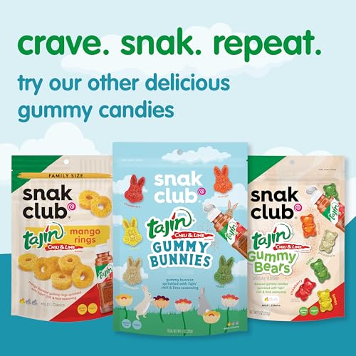 SNAK CLUB TAJIN GUMMY BUNNIES, ASSORTED FRUIT CANDY GUMMIES WITH CHILI AND LIME SEASONING, MILD, GLUTEN-FREE AND VEGAN SNACKS, 9 OZ RESEALABLE BAGS, 6 PACK