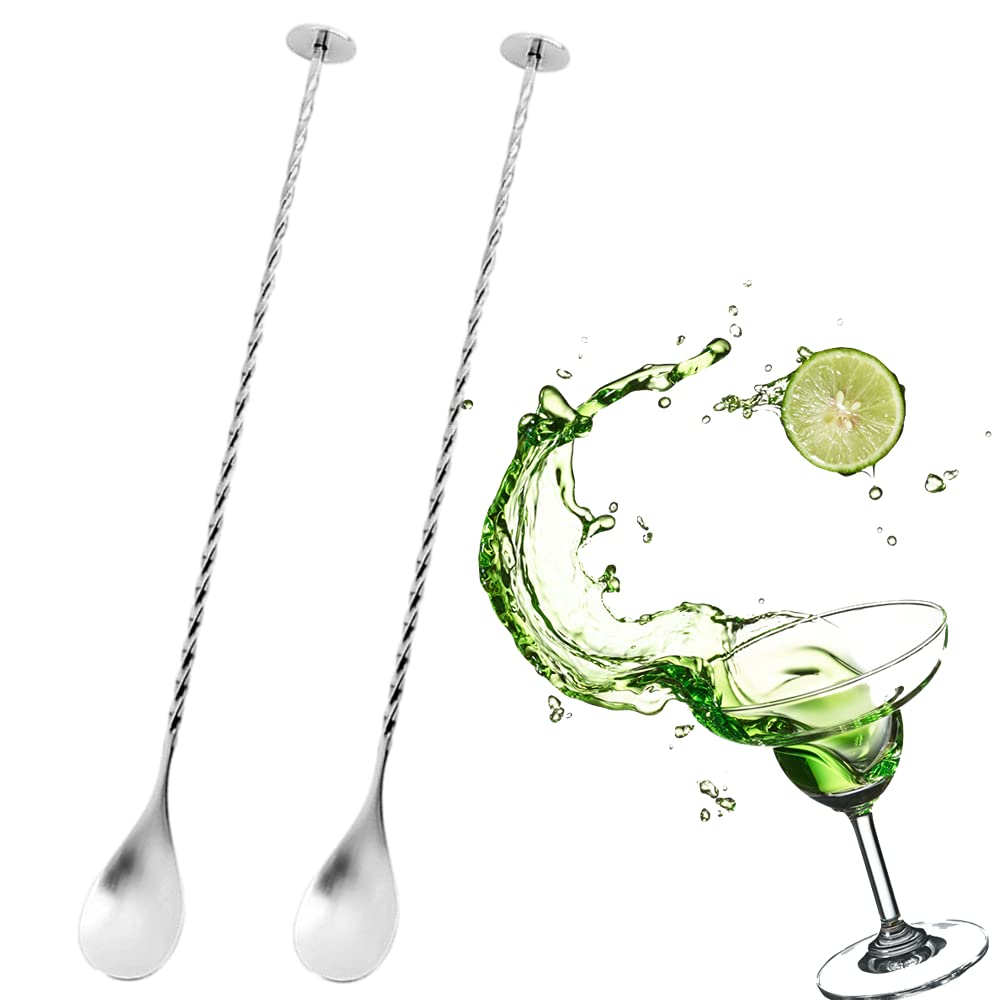 Cocktail Stirrers - 2Pcs Stainless Steel Bar Spoon with Masher - 28cm Drink Stirrers for Coffee, Sundae, Ice Cream Spoons
