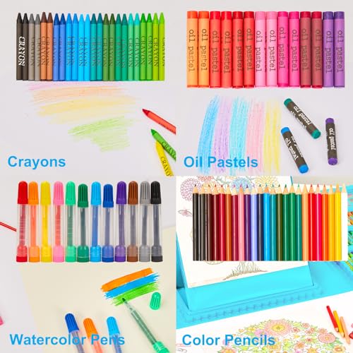 KINSPORY Art Supplies, 290 Pack Art Sets Crafts Drawing Coloring kit, Double-Side Trifold Easel, Oil Pastels, Crayons, Colored Pencils, Creative Gift for Beginners Artists Girls Boys Kids (Blue)