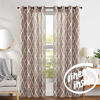 jinchan Linen Curtains Flax Linen Blend Textured Curtain Moroccan Tile Print Window Curtain Drapes Set for Living Room Lattice Quatrefoil 50