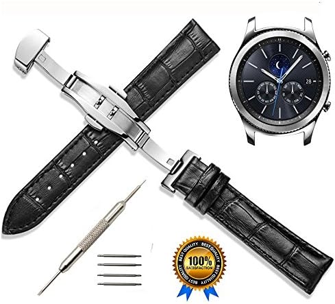 22mm Genuine Leather Watch Band - Replacement Strap for Samsung Gear S3 Frontier/S3 Classic/Moto 360 2nd Gen 46mm Smart Watch (Black)